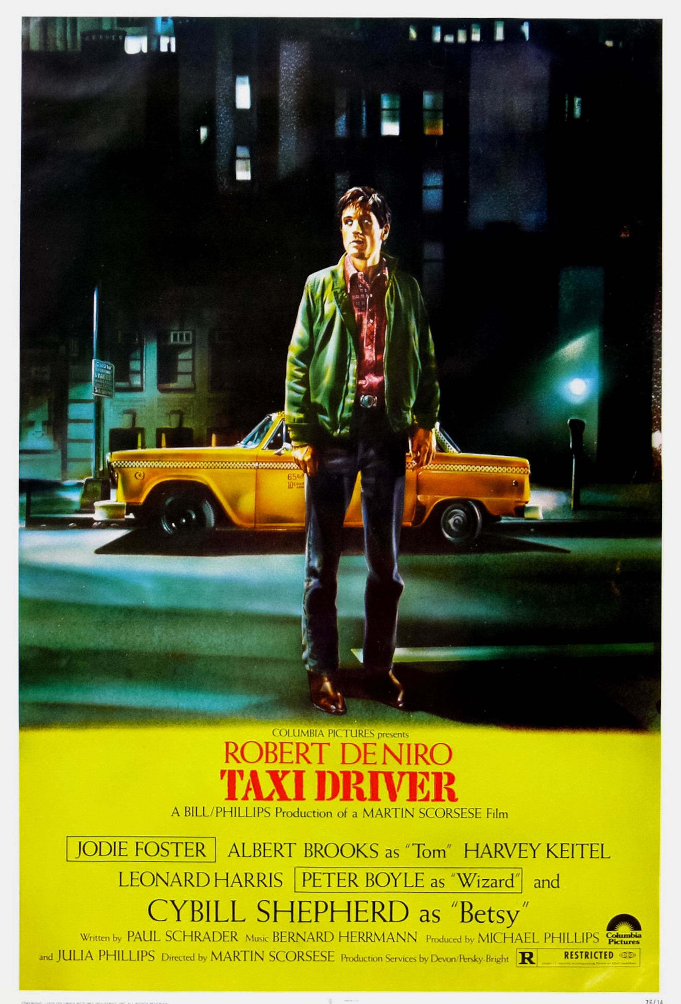 Robert DeNiro as Travis Bickle stands alone in the center of the Taxi Driver poster.