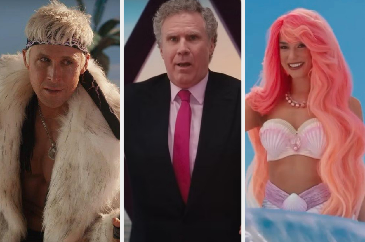 triple photos, on the left, photo of Ken, in the middle, photo of Will Ferrell&#x27;s character, and on the right, photo of mermaid Barbie