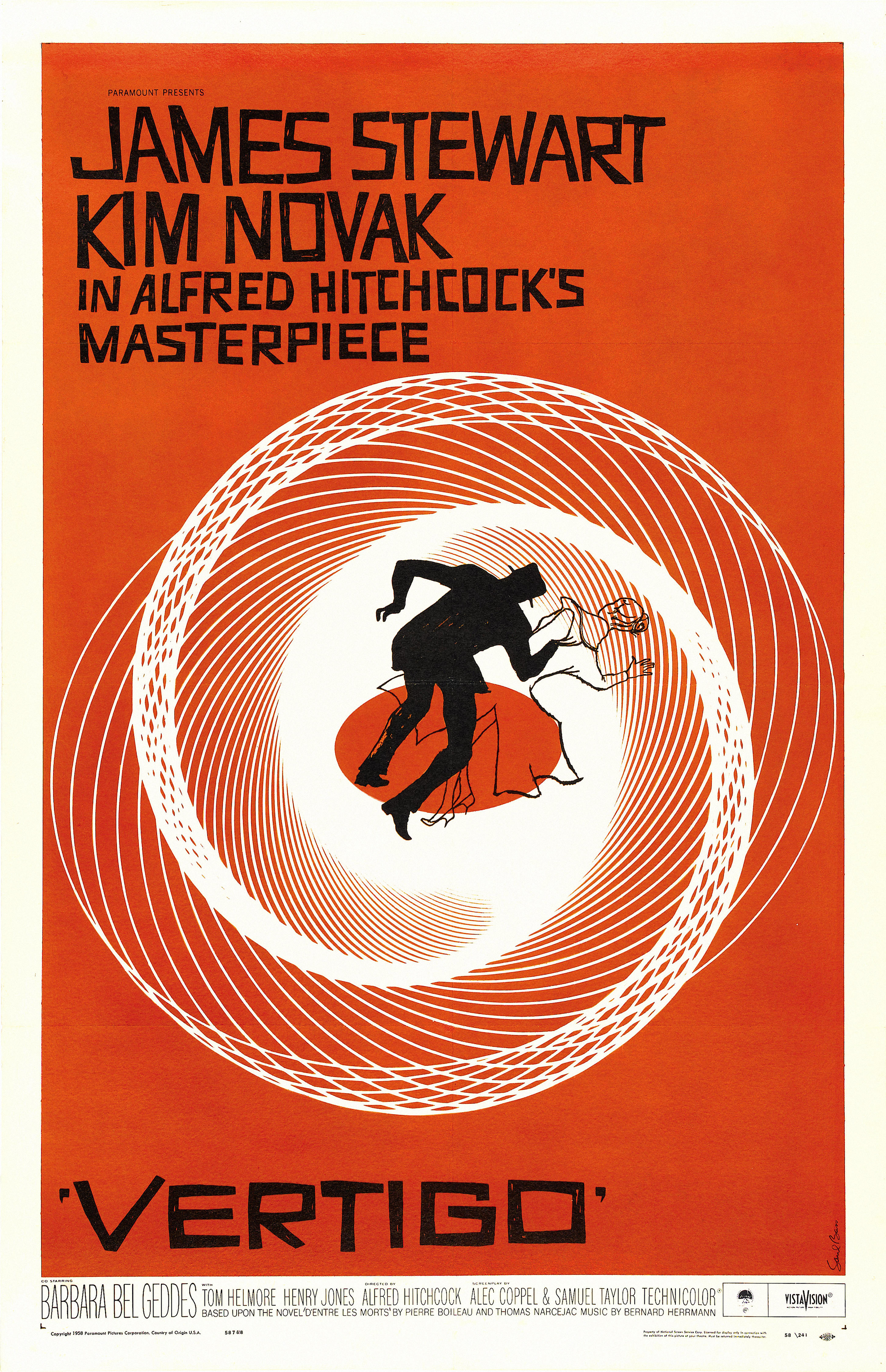 An artistic image of figures falling into a spiral on the Vertigo movie poster.