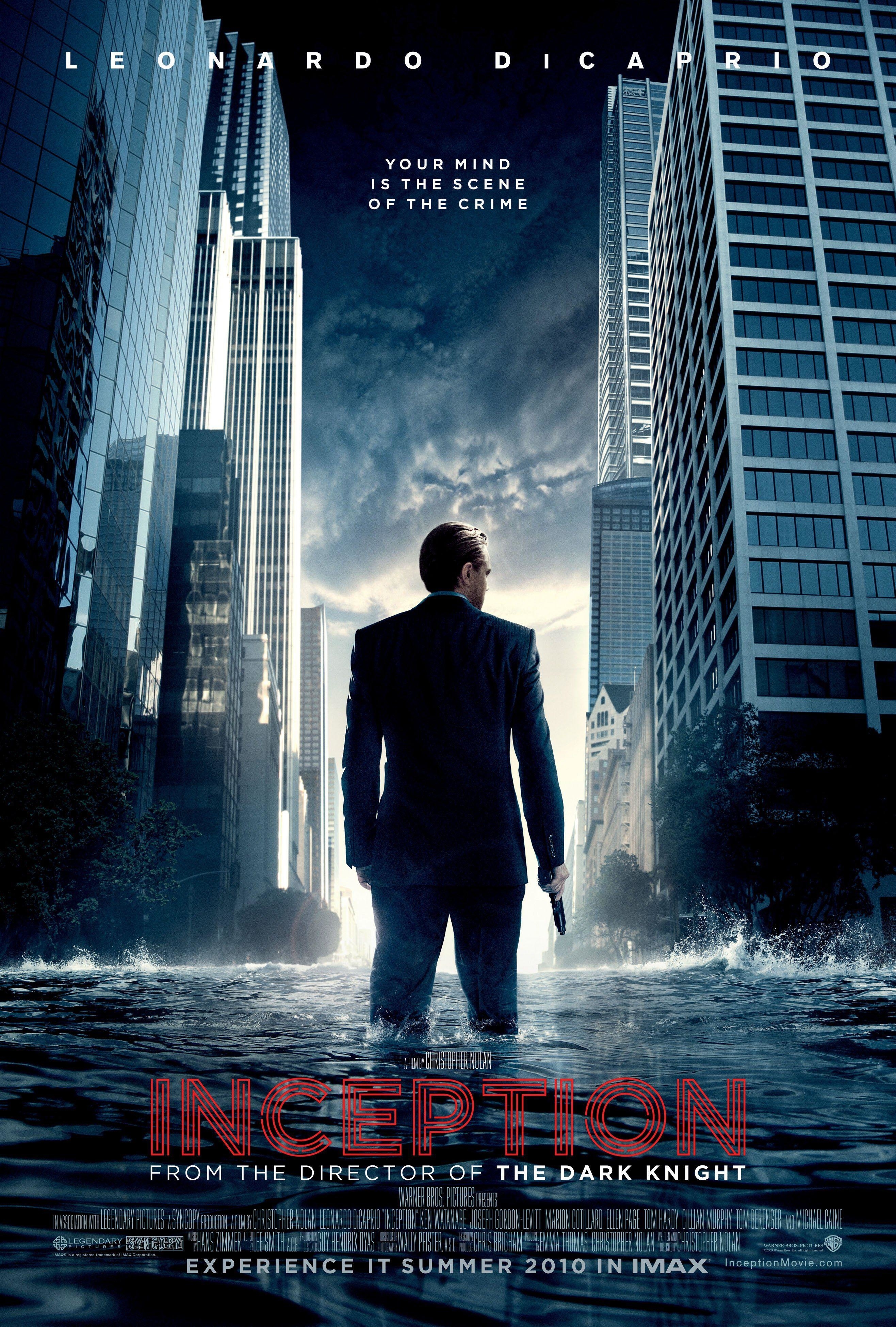 Leonardo DiCaprio stands alone with his back to us on the center of the Inception movie poster.