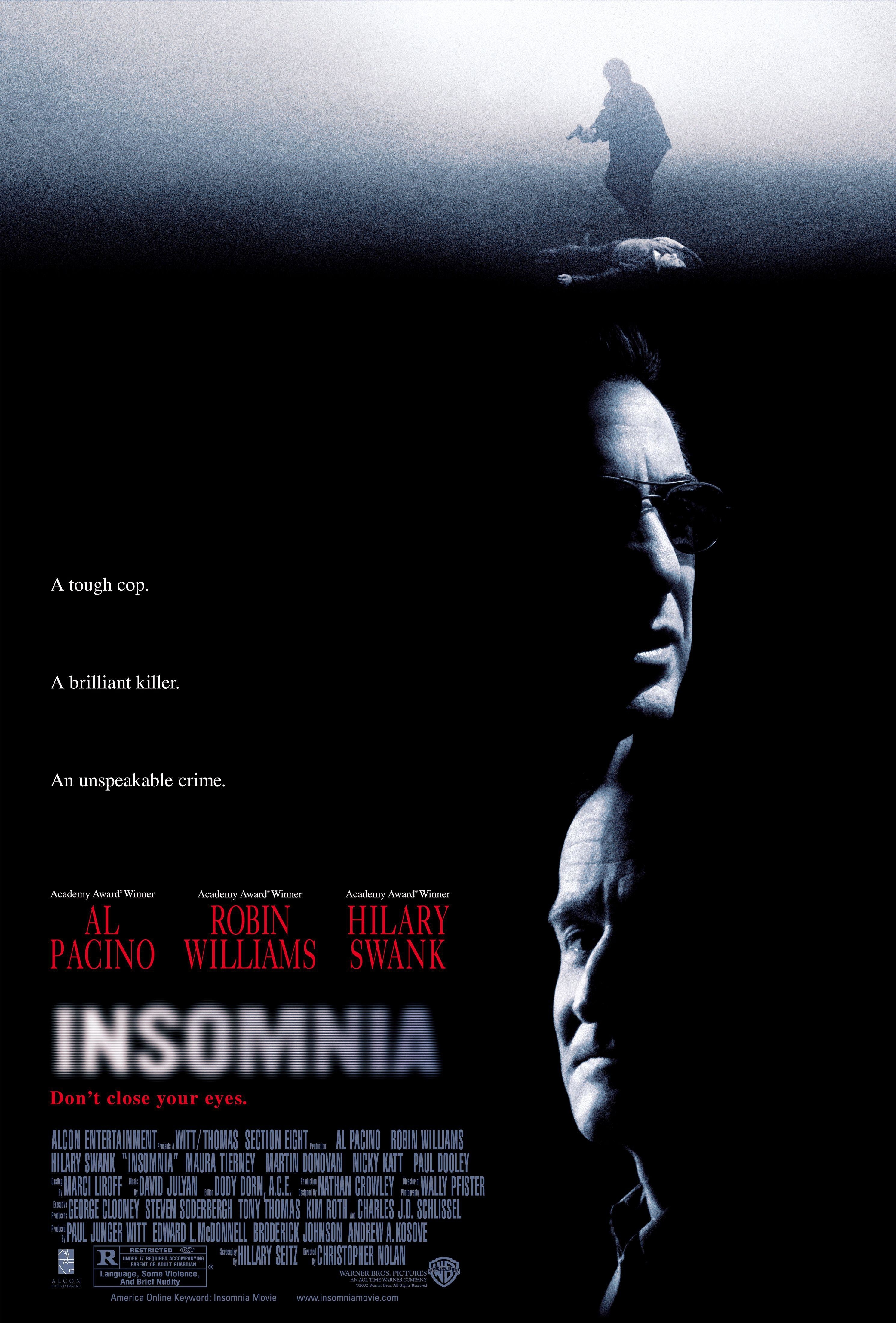 A dark Insomnia movie poster featuring silhouettes of Al Pacino and Robin Williams.