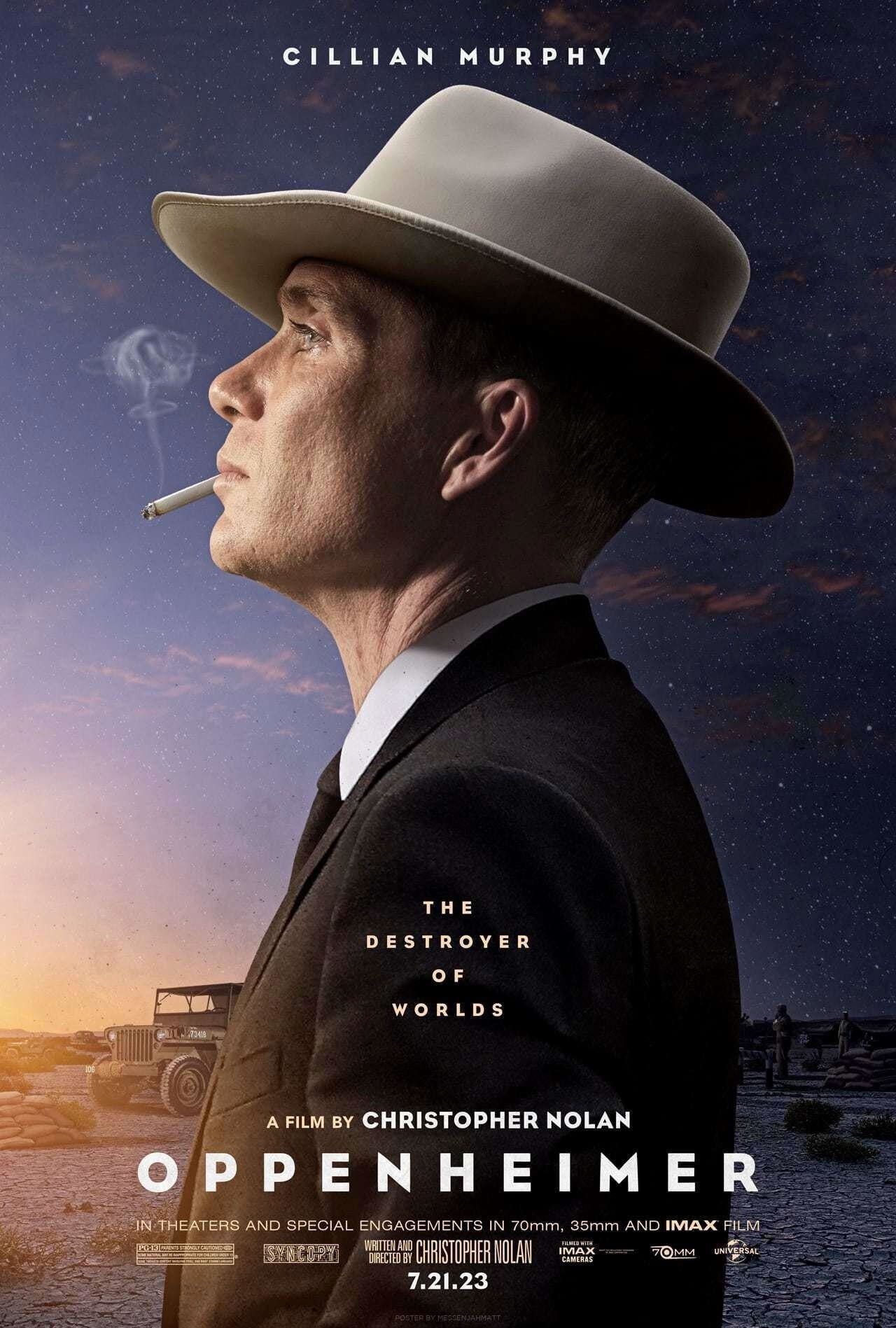 Cillian Murphy stands in profile on the Oppenheimer movie poster.