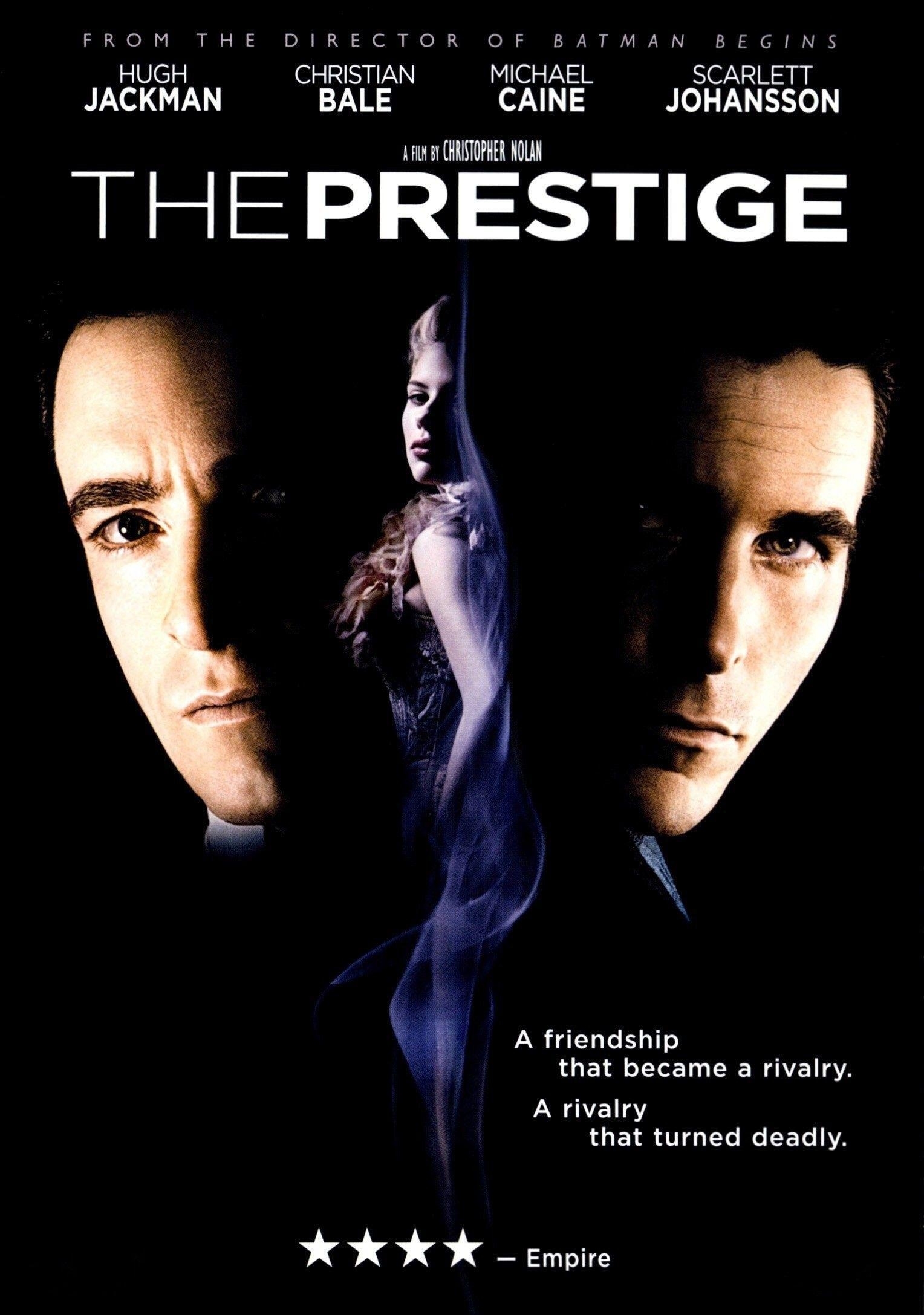 Scarlett Johansson is in the center frame, flanked by large images of Hugh Jackman and Christian Bale&#x27;s head, on The Prestige movie poster.