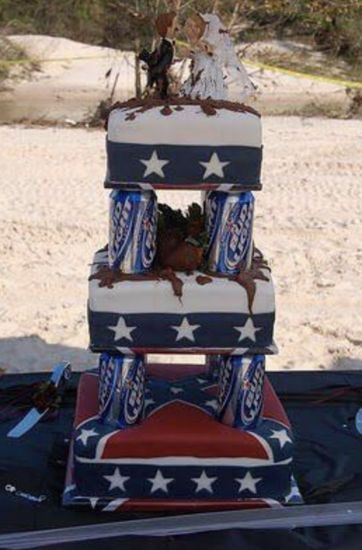A wedding cake with Bud Light cans and a Confederate flag design