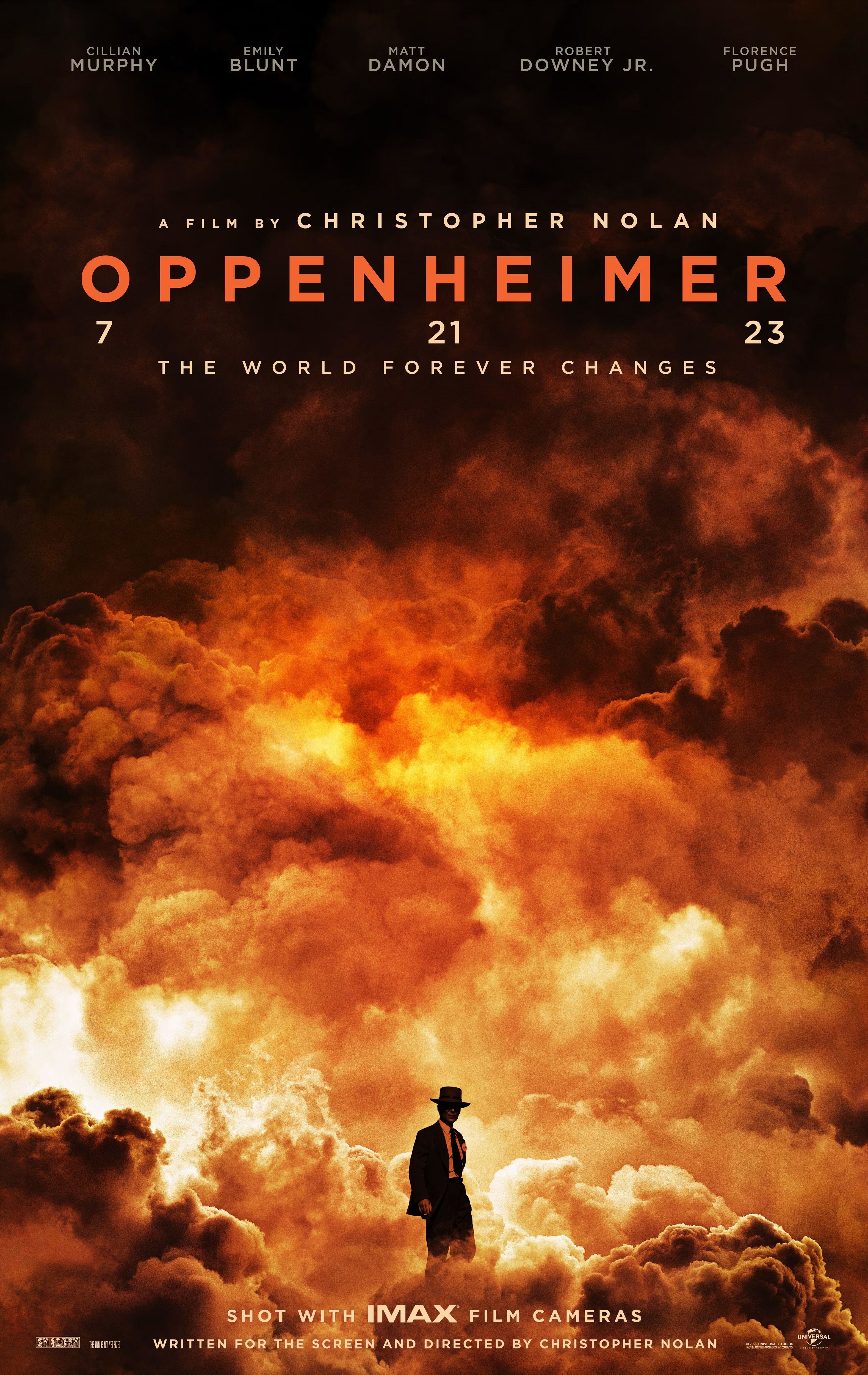 Cillian Murphy stands in the middle of orange nuclear clouds on the Oppenheimer poster.