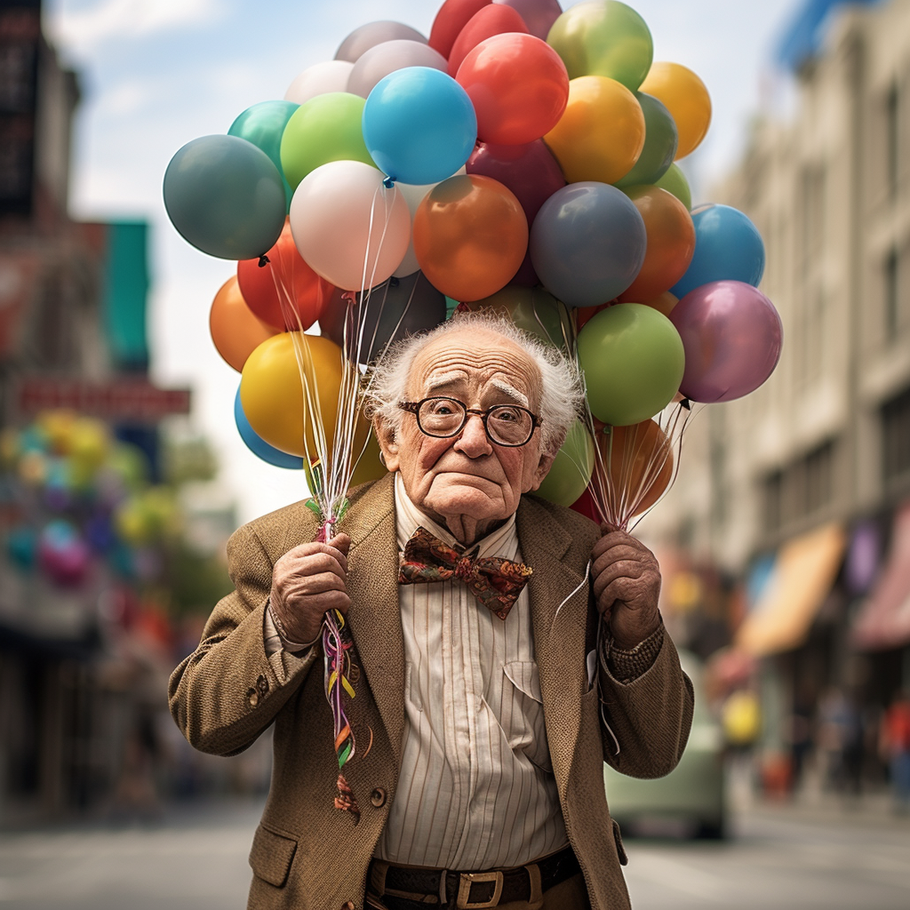 An old man with a bowtie holding a bunch of colorful balloons