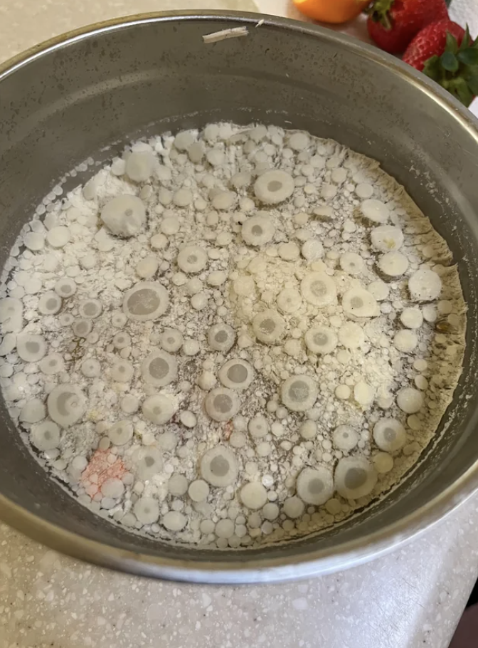 Frozen chicken soup that looks like giant mold spores in a pan