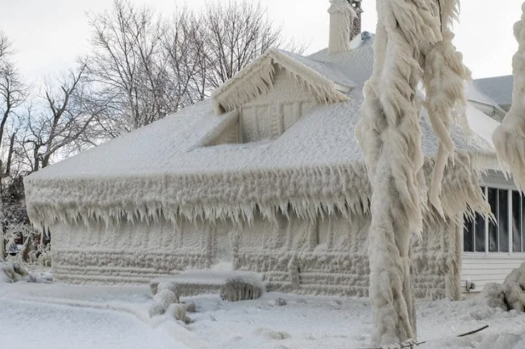 A house covered in ice after an ice storm
