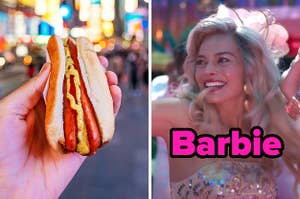 On the left, someone holding a hot dog in Times Square, and on the right, Margot Robbie dancing as Barbie