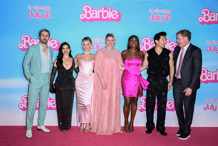 Greta Gerwig on the hot pink carpet with the Barbie cast at the film&#x27;s European premiere