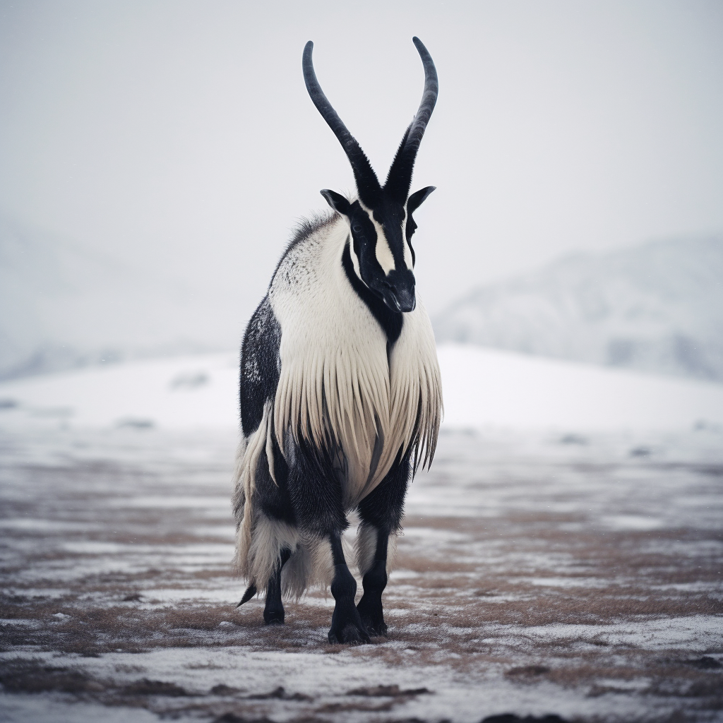 An antelope in the arctic with the colors of a penguin
