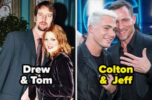 Tom Green, Drew Barrymore, Colton Haynes, and Jeff Leatham, text: Drew & Tom Colton & Jeff