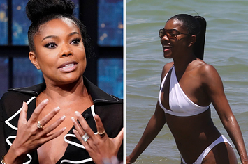 Gabrielle Union speaks with her hands in an interview vs Gabrielle Union smiles as she wades through water at the beach