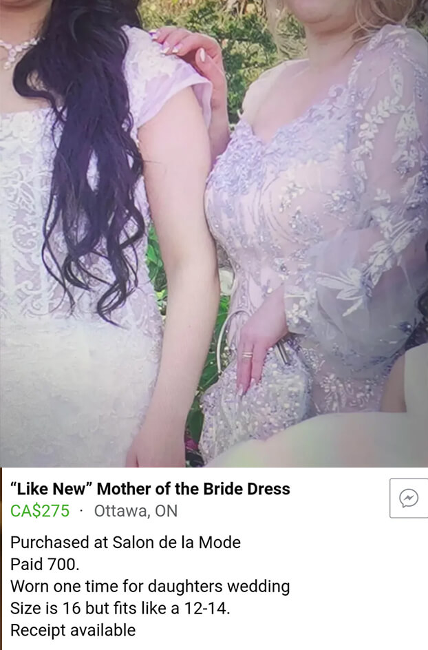 A sale listing for what is dubbed a &quot;mother of the bride dress,&quot; which includes a photo of her posing next to her daughter the bride, and both dresses look like wedding dresses