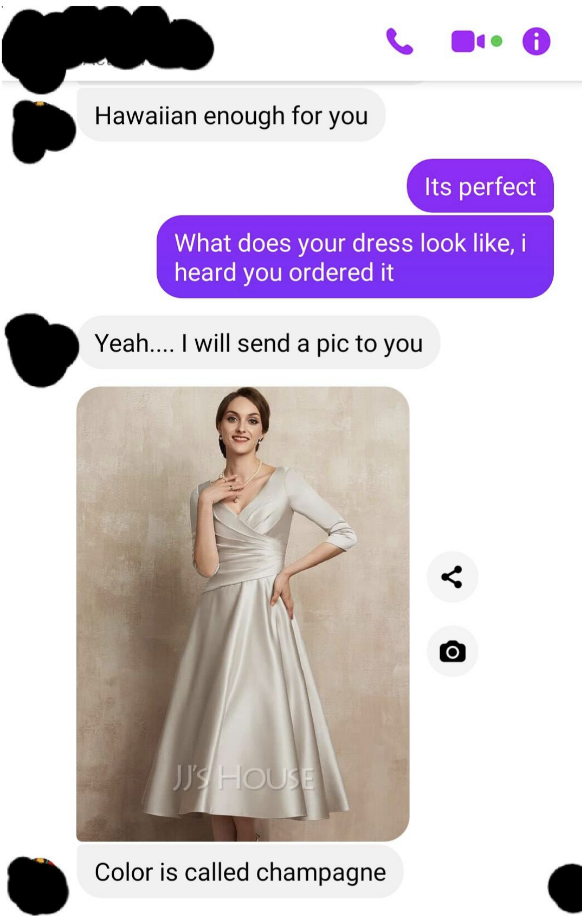 A future mother-in-law texts a photo of the dress she&#x27;s wearing to the wedding, and it&#x27;s a white wedding dress; the mother-in-law says the color is called champagne, not white