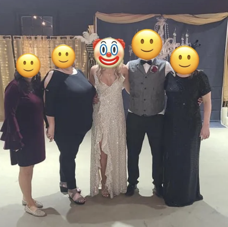 The woman is wearing a cocktail dress clearly meant to resemble a wedding dress