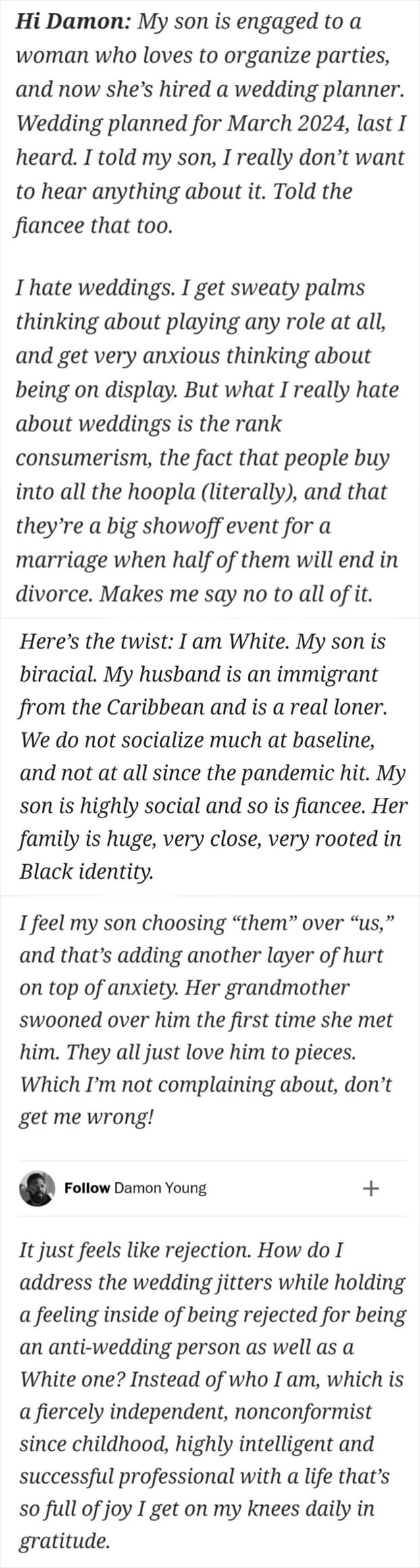 The mother of the groom says they hate weddings and feel that her son having a wedding with a Black woman is him choosing &quot;them&quot; over &quot;us,&quot; with them and us in quotes