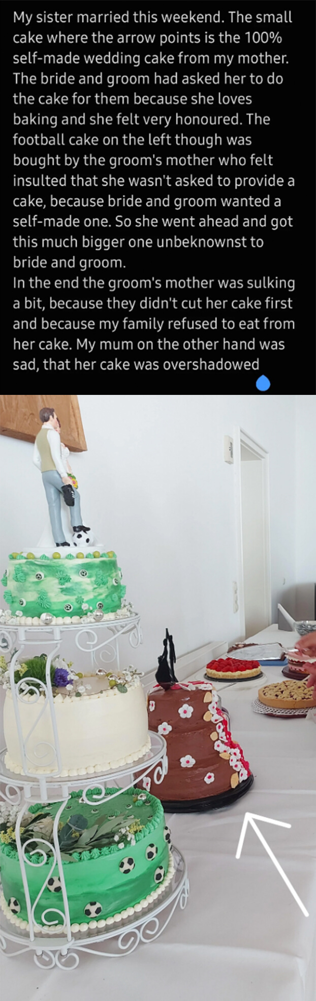 The couple asked the bride&#x27;s mother to make a cake for their wedding because she&#x27;s a baker, and the groom&#x27;s mother responded by buying a giant cake to overshadow the homemade one