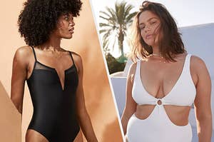 a black one piece swimsuit and a white one piece swimsuit