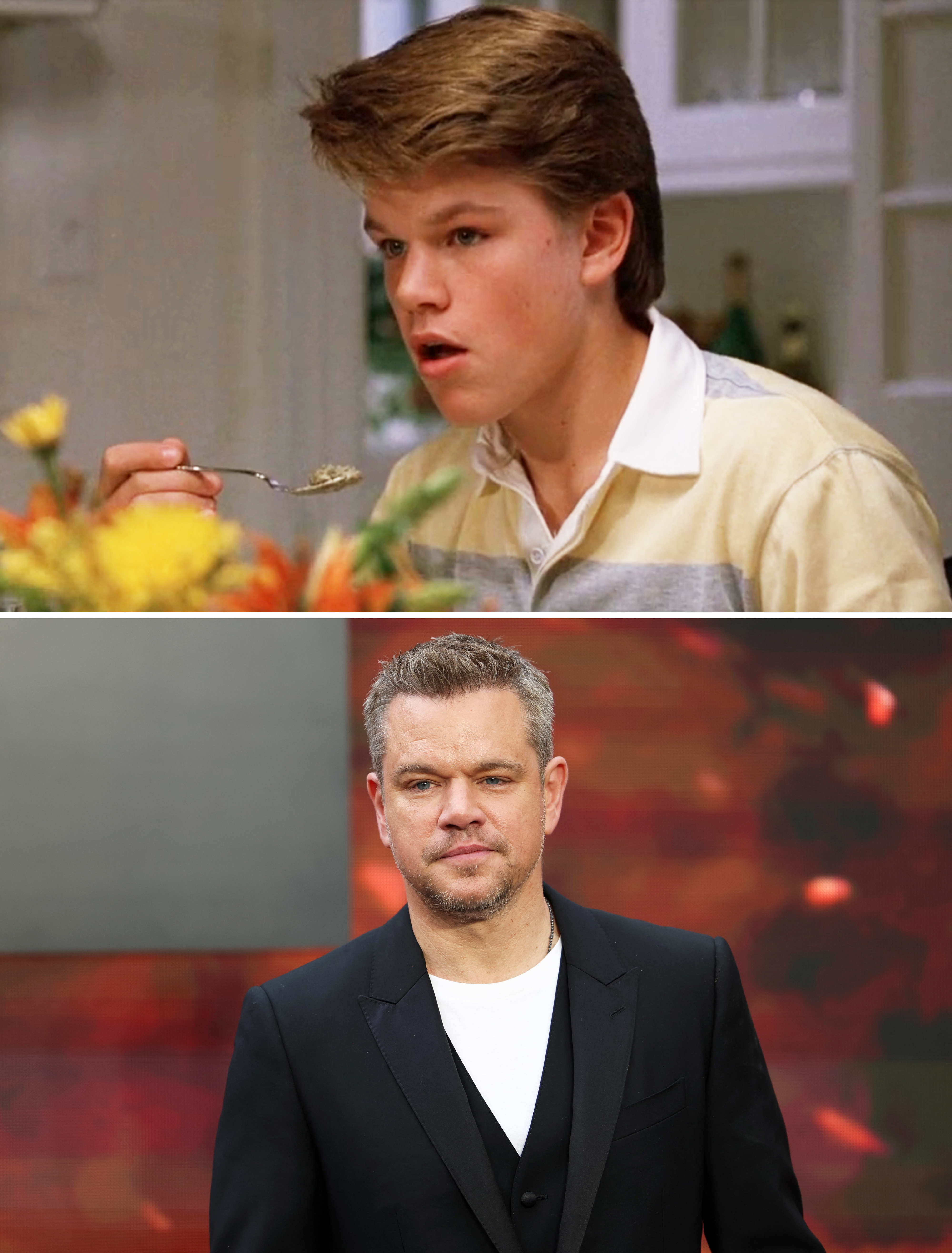 Matt in a scene from the movie and in a close-up at a media event