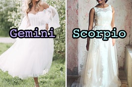 On the left, a bride wearing an off-the-shoulder gown running in a field labeled Gemini, and on the right, a bride wearing a sleeveless, lacy gown labeled Scorpio