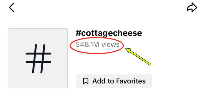 A screenshot of the hashtag &quot;cottage cheese&quot; on TikTok with an arrow pointing to 548.1 million views