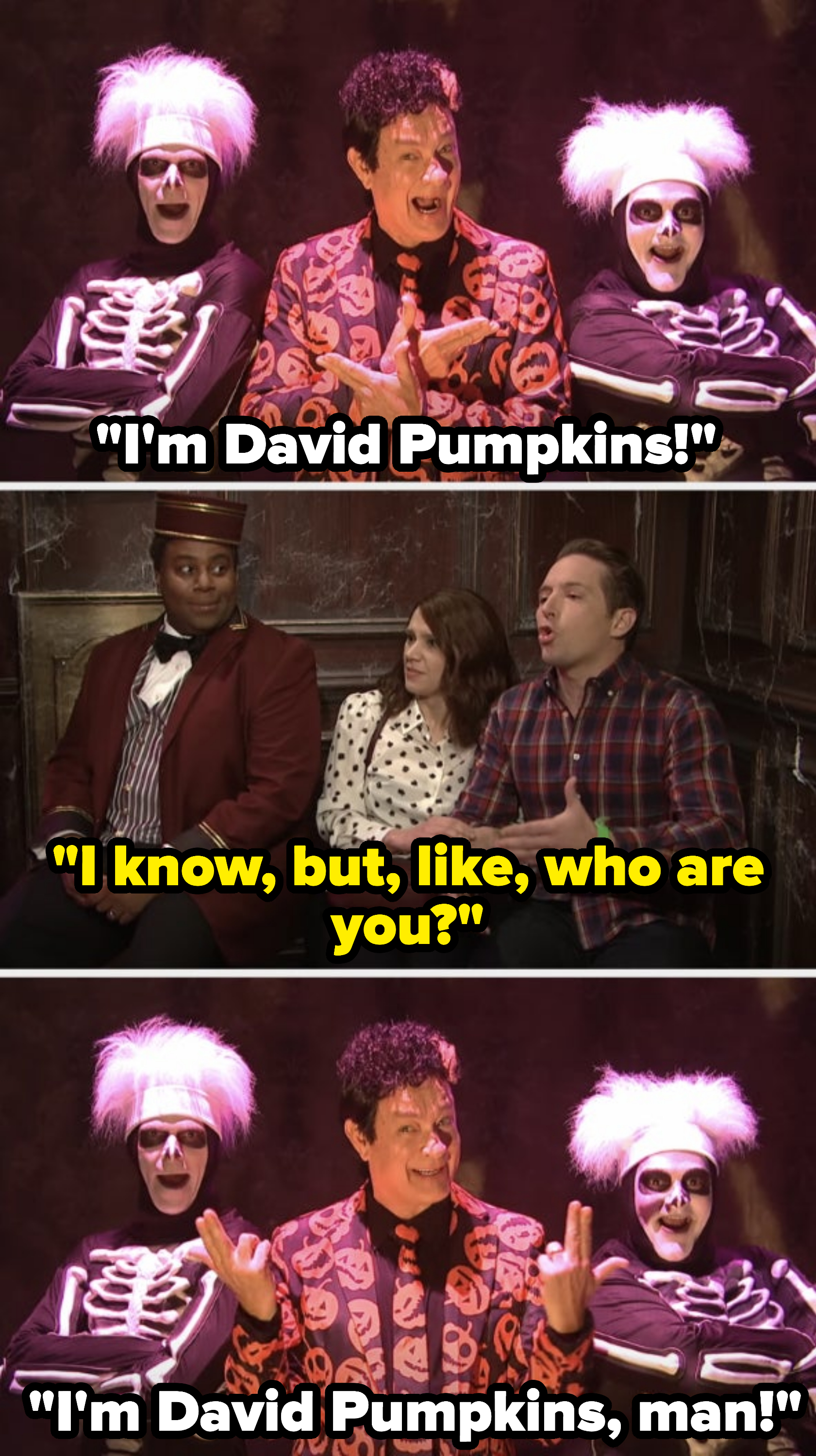 David Pumpkins introduces himself but the guests don&#x27;t know who he is