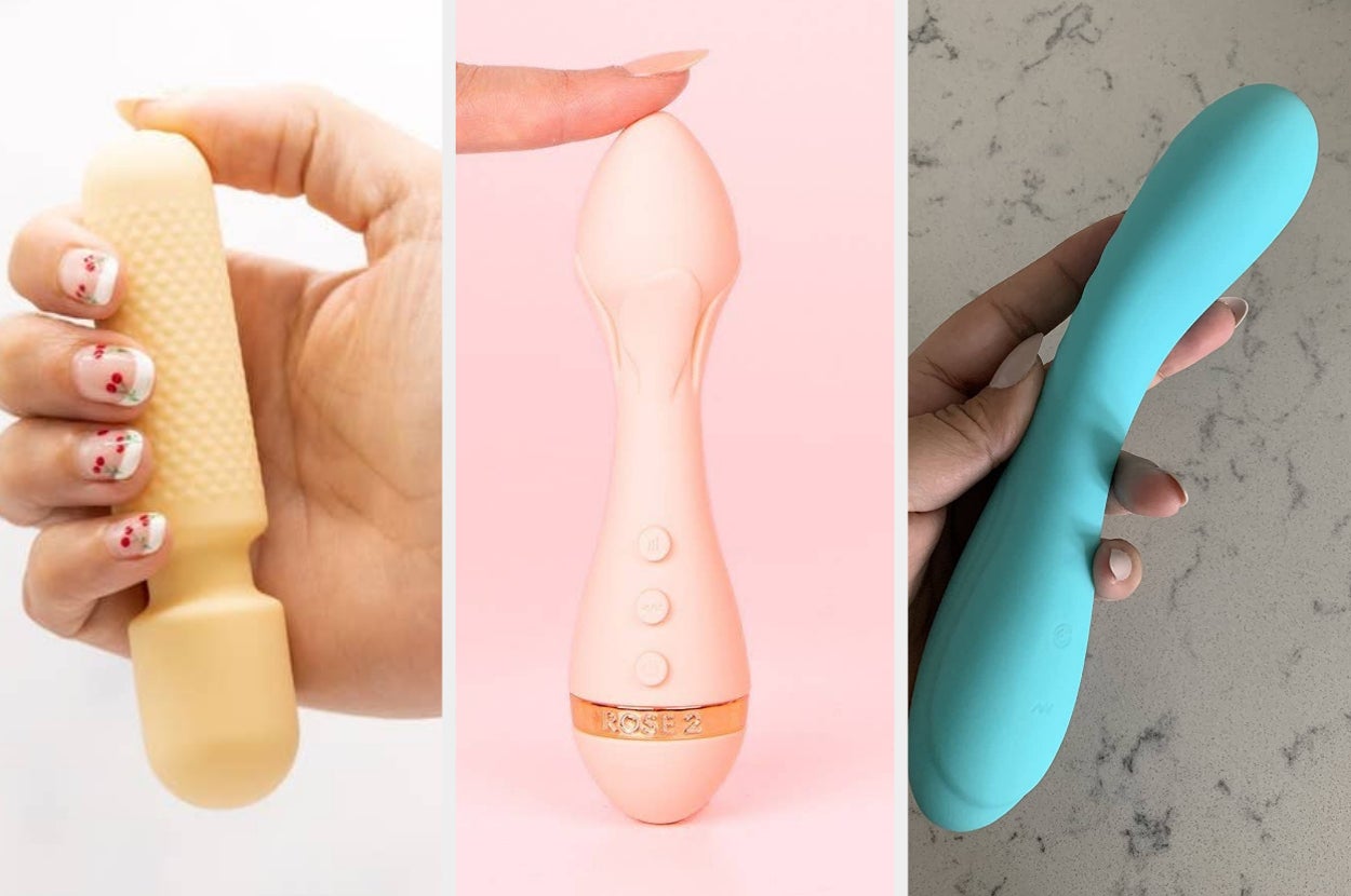 Hand holding yellow mini wand vibrator, finger touching tip of pink bullet vibrator and hand holding teal vibrator