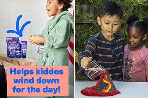 L: a child model standing by a bathtub with Dr. Teal's bath salts and text reading "Helps kiddos wind down for the day!", R: two child models creating a miniature volcano 