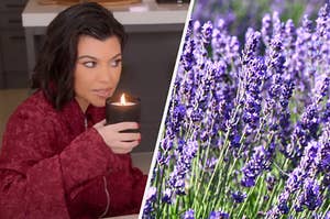 Kourtney Kardasian with a candle and a lavender field