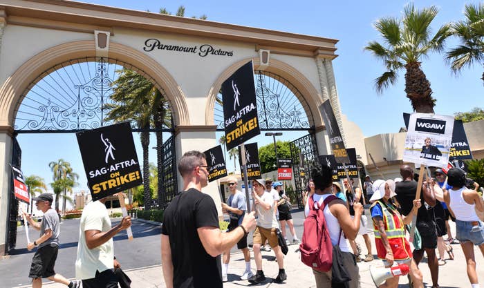 A group of protestors in front of Paramount Pictures