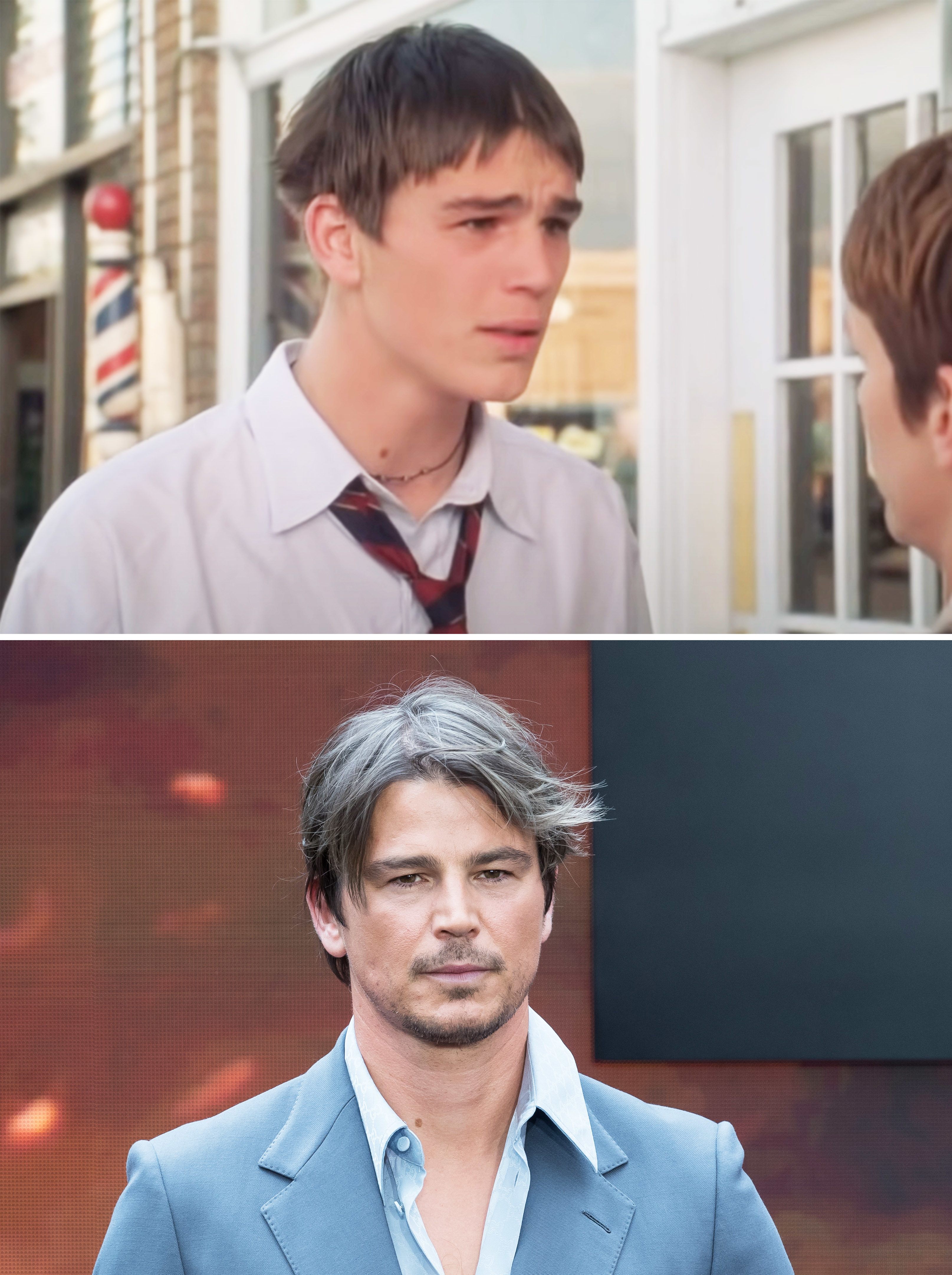 Josh in a scene from the movie and in a close-up at a media event