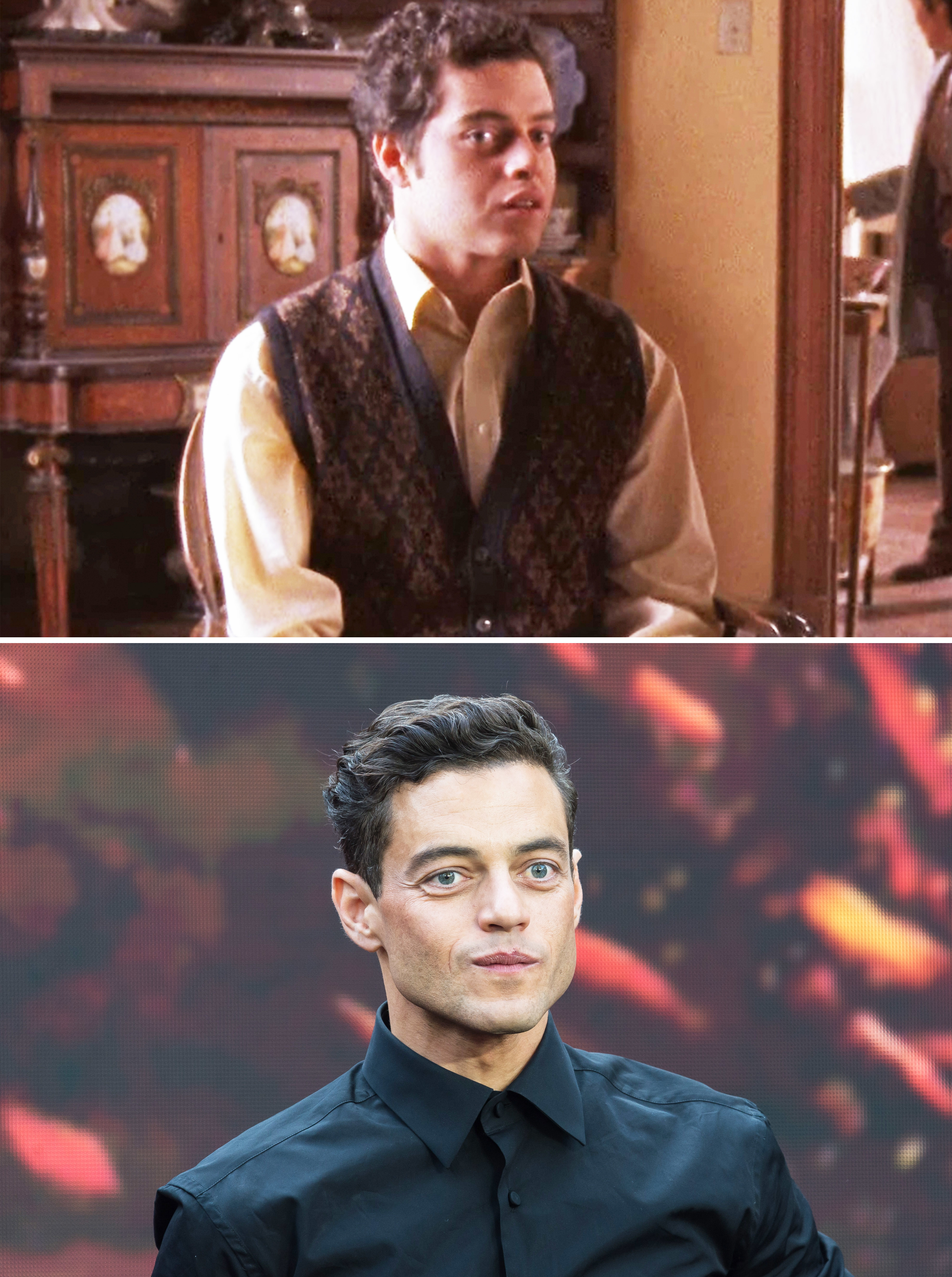 Rami in a scene from the movie and in a close-up at a media event