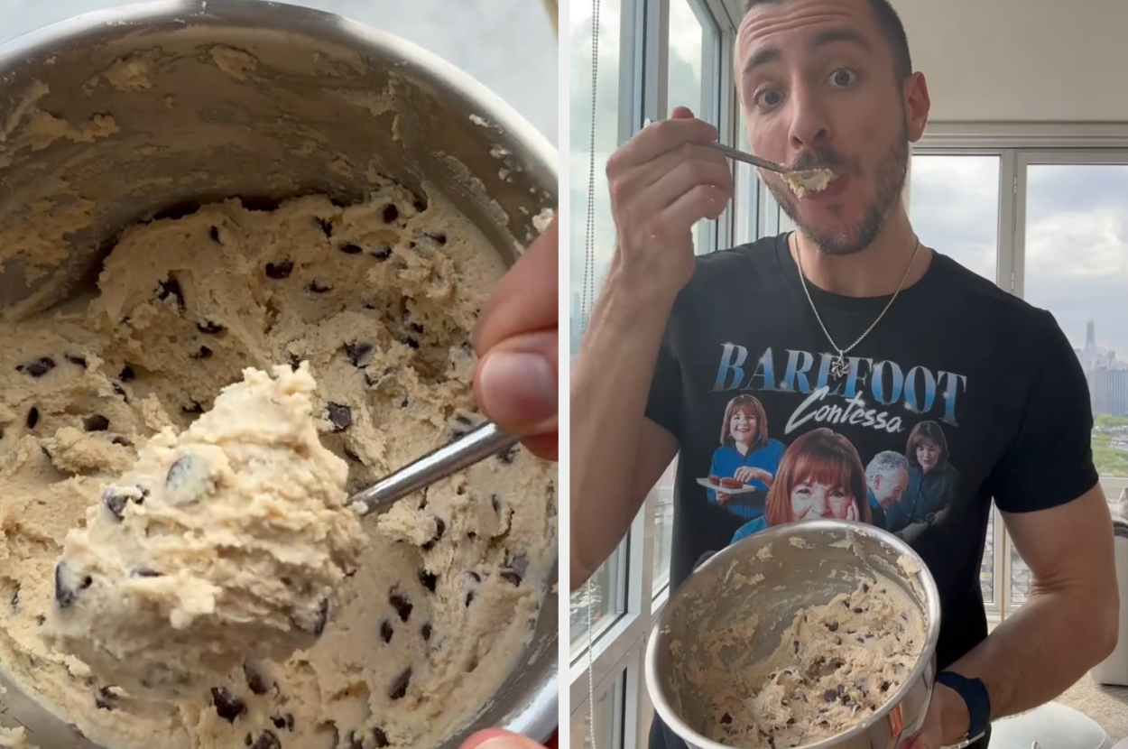 A bowl of cottage cheese cookie dough and Jake taking a bite