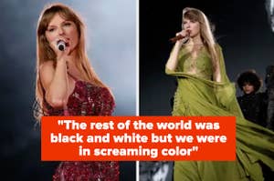 Taylor Swift during The Eras Tour with the lyrics "The rest of the world was black and white but we were in screaming color"