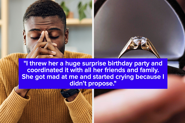 a stressed man and an engagement ring with the text, "I threw her a huge surprise birthday party and coordinated it with all her friends and family. She got mad at me and started crying because I didn’t propose"