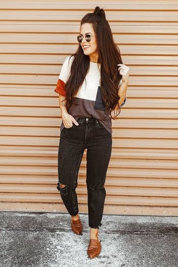 Reviewer wearing the mules successful brown