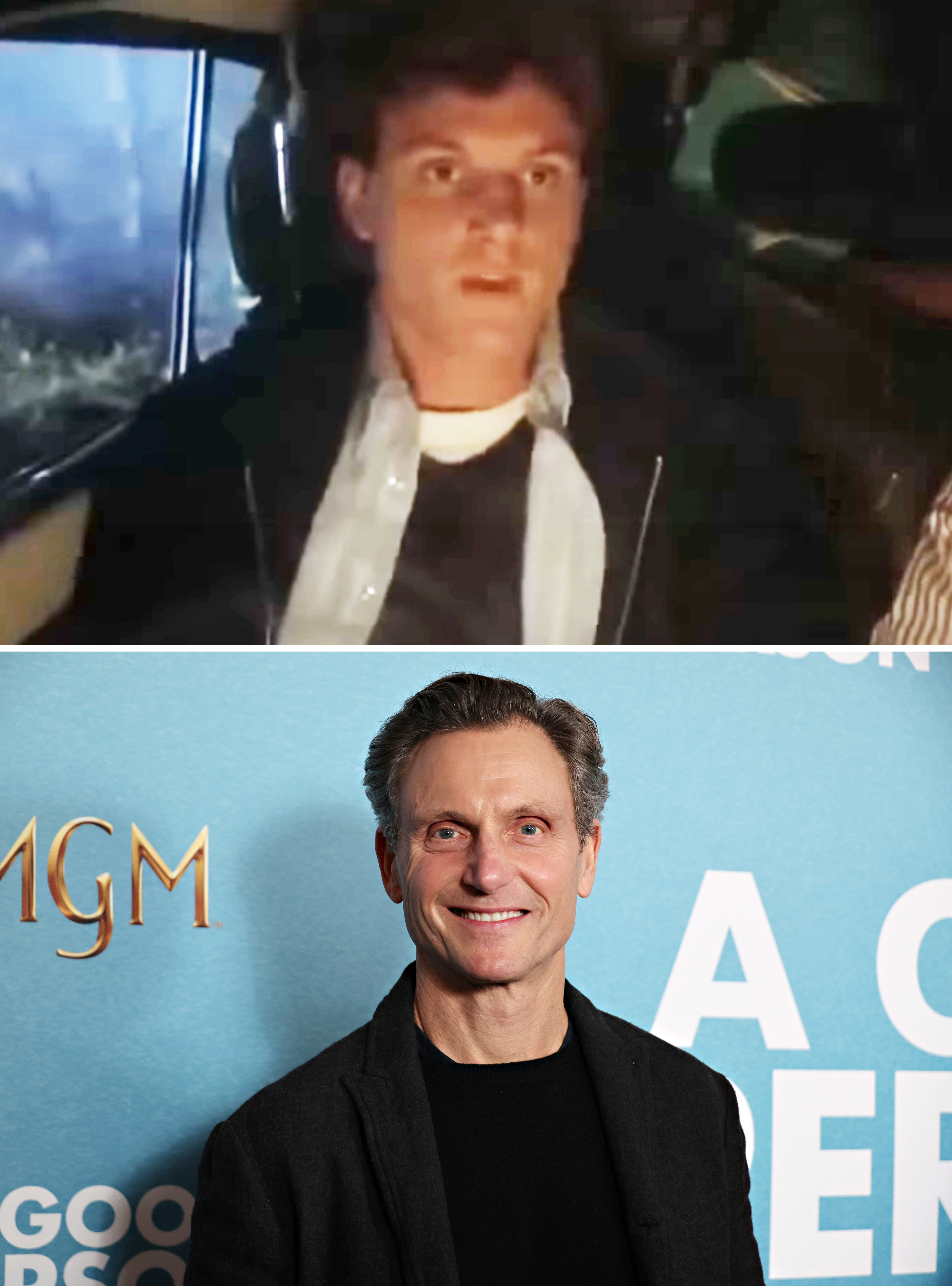 Tony in a scene from the movie and in a close-up at a media event