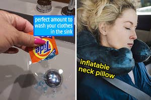 person dumping packet of clothes detergent in a sink full of water "perfect amount to wash your clothes in the sink" / model using the neck pillow "inflatable neck pillow"