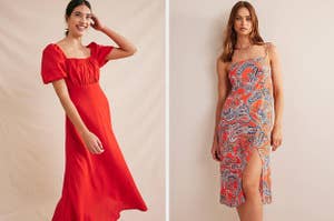 on left: model wearing red puff sleeve midi dress. on right: model wearing sleeveless side slit orange paisley-printed dress