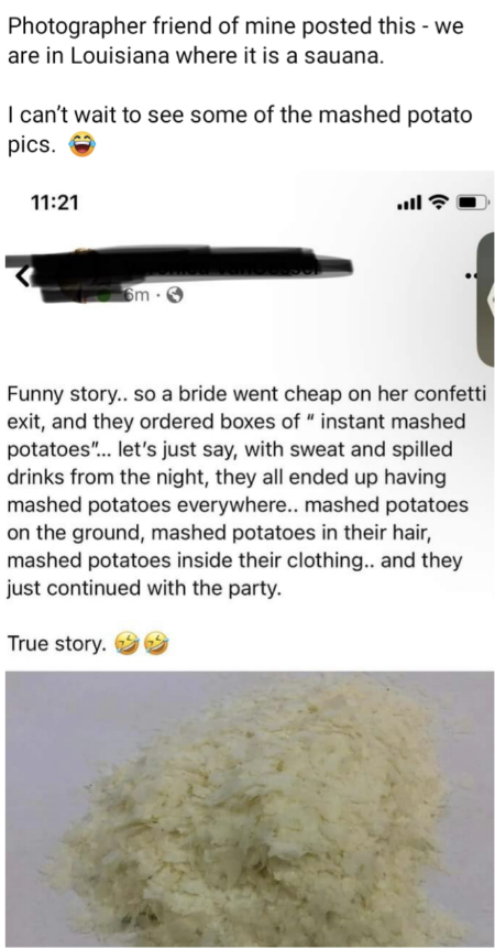 Screenshot of a post about a wedding that used mashed potato mix instead of rice