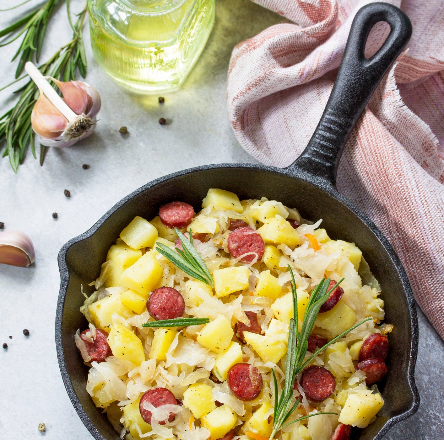 potatoes and veggies in a cast iron