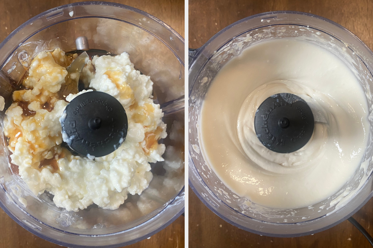 Ingredients in a food processor before and after blending