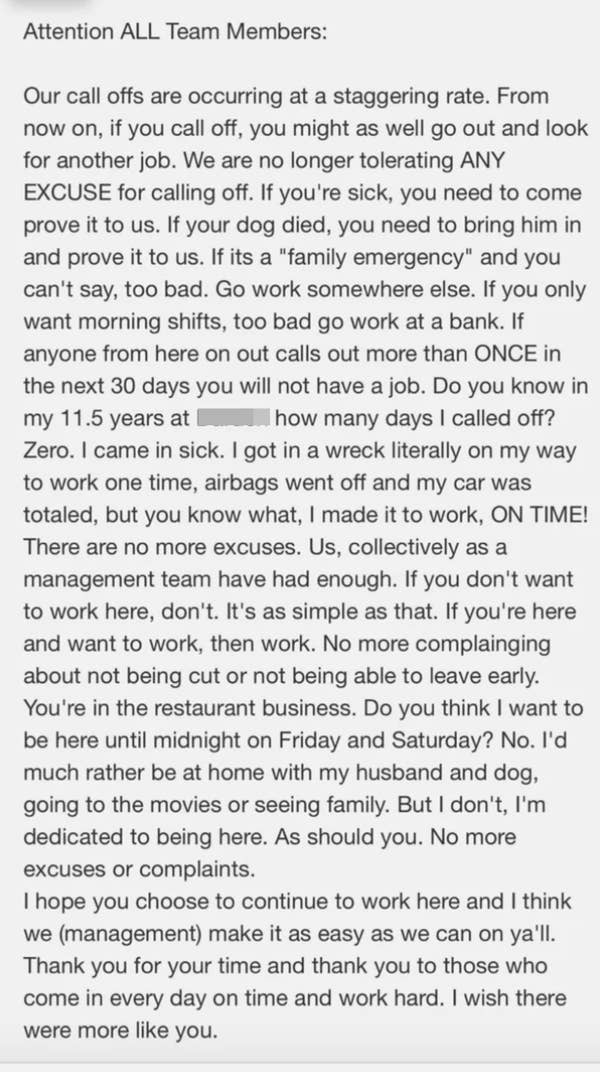 17 Infuriatingly Ridiculous Work Emails Bosses Had The Audacity To Send Their Employees 8 manager going off about calling out of work and saying they've never done that and even showed up to work after a car accident so they expect the same for their employees