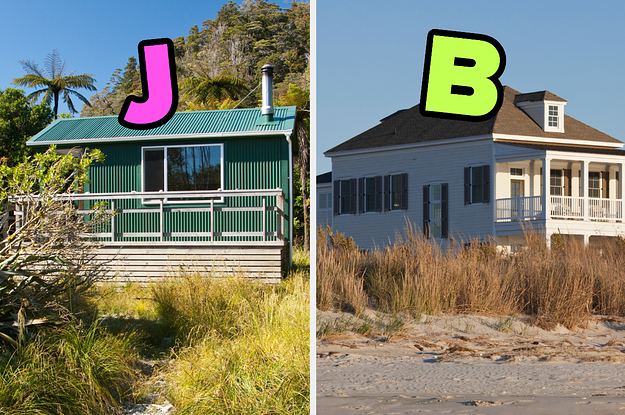On the left, a bright, tiny house surrounded by greenery labeled J, and on the right, a large beach house with a wraparound porch on the sand labeled B