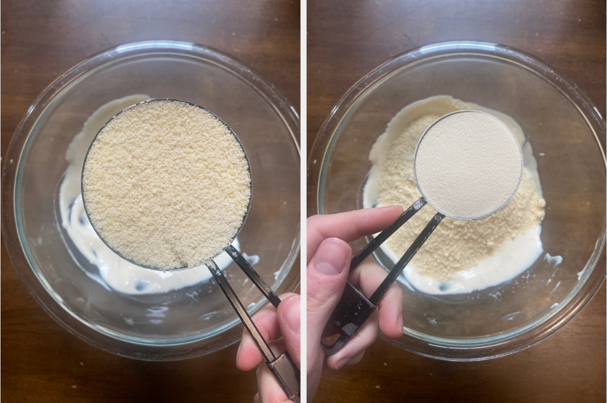 Measured out cups of almond flour and protein powder
