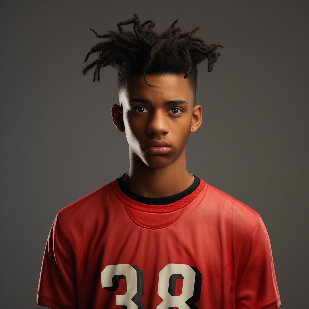 A young boy in a red jersey with locs in his hair