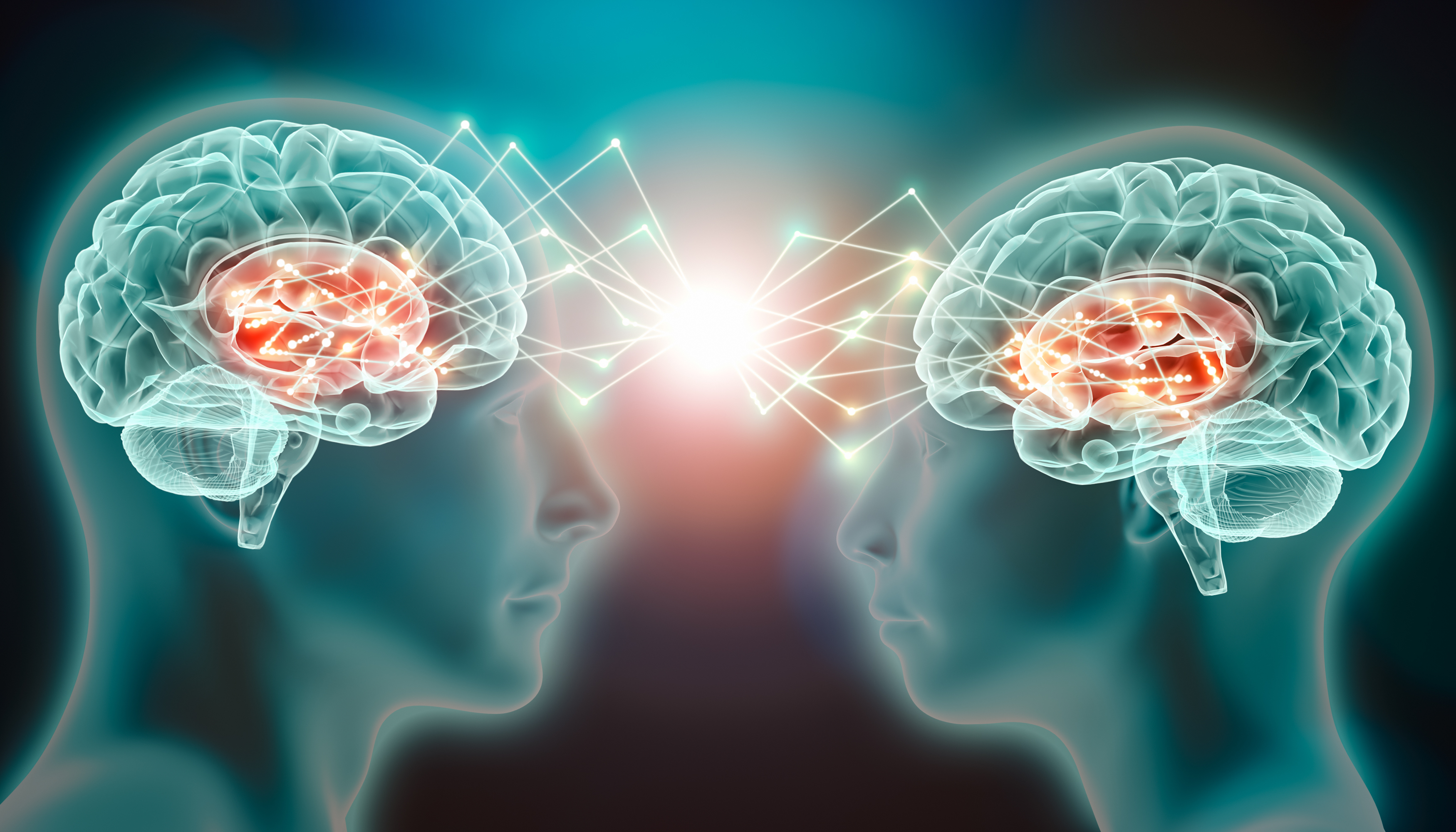 Two people facing each other with beams of light coming from their brains