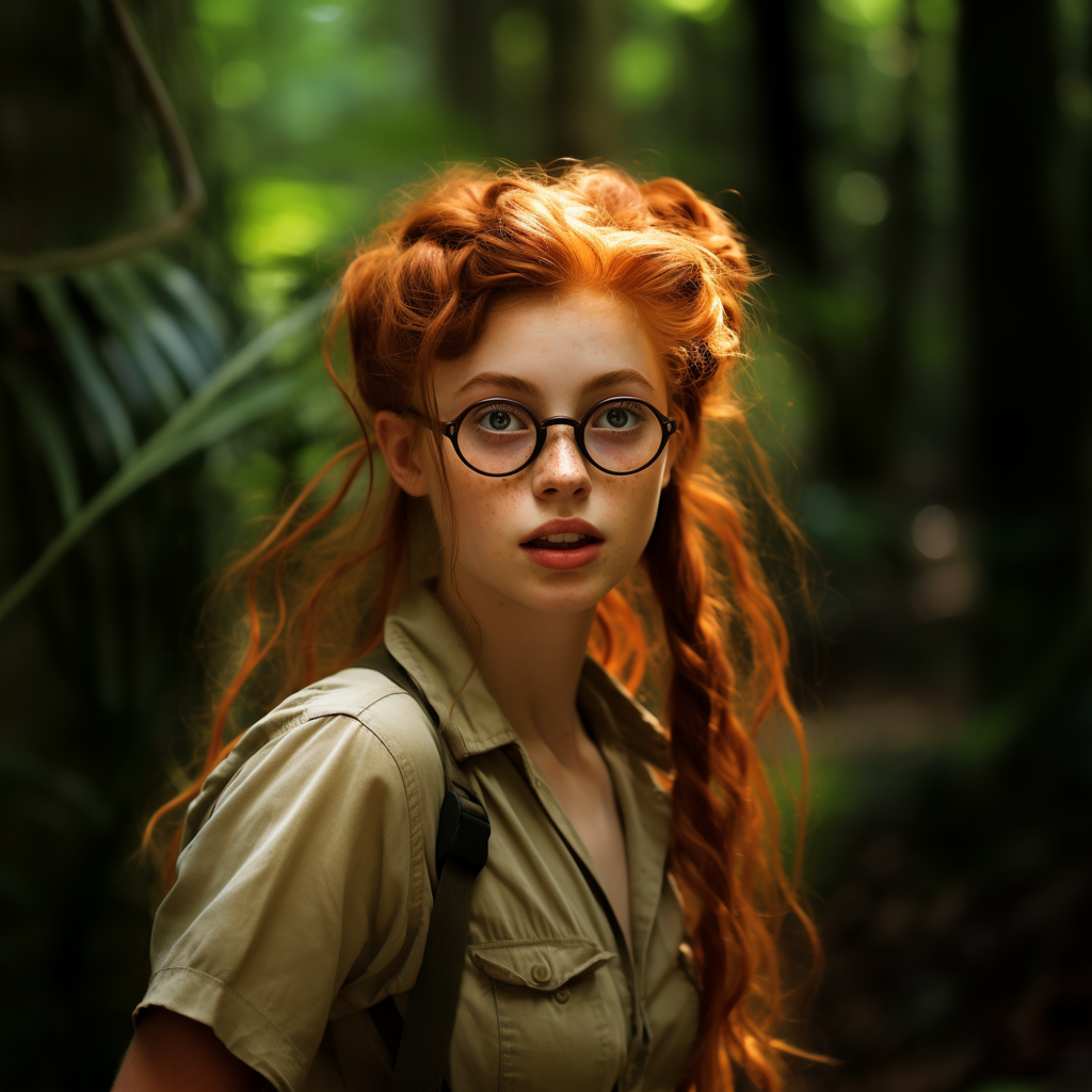 A girl with orange hair in the jungle