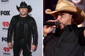 Jason Aldean poses on the red carpet vs Jason Aldean sings onstage with a hand in the air